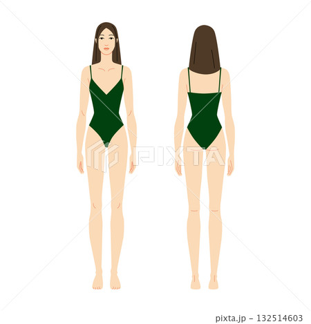 Vector illustration of a 9 head woman in green swimsuit, displaying multiple angles including front and back. Perfect Vector illustration of a 9 head woman in green swimsuit, displaying multiple angles including front and back. Perfect 132514603