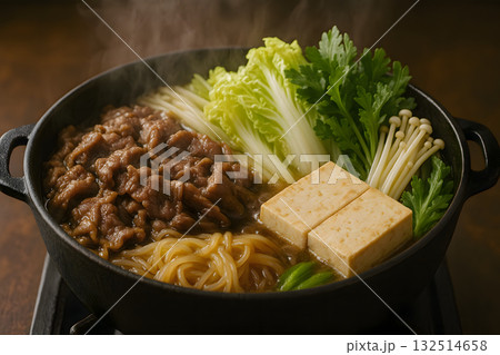 湯気の立つすき焼き 牛肉と豆腐と野菜の冬の鍋料理 132514658