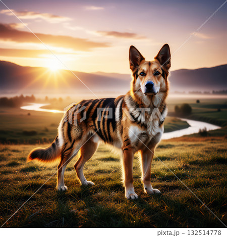 Dog with tiger stripes standing in sunset landscape 132514778