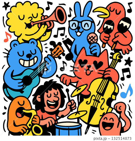 Colorful animal band playing music with joyful expressions, guitar, trumpet, cello, saxophone Colorful animal band playing music with joyful expressions, guitar, trumpet, cello, saxophone 132514873