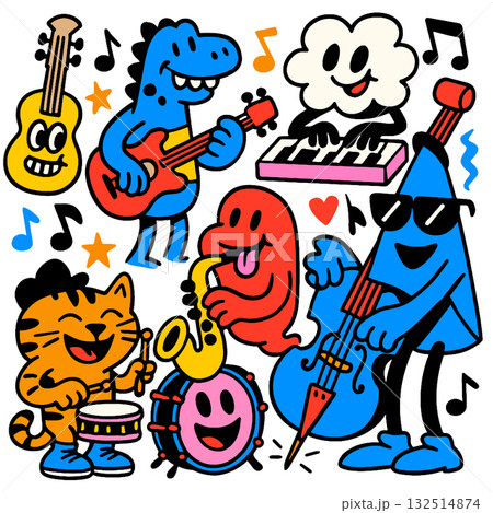 Cartoon animal band playing music with guitar, keyboard, saxophone, drum, and double bass Cartoon animal band playing music with guitar, keyboard, saxophone, drum, and double bass 132514874