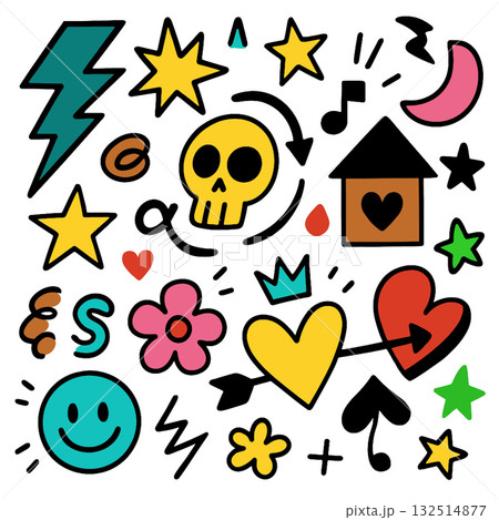 Colorful doodle icons including skull, heart, star, flower, lightning, smiley, and house shapes 132514877