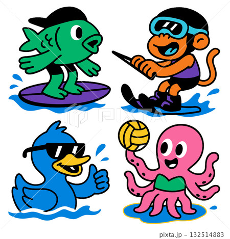 Cartoon fish surfing, monkey water skiing, duck swimming, octopus playing water polo Cartoon fish surfing, monkey water skiing, duck swimming, octopus playing water polo 132514883