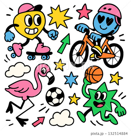 Colorful cartoon characters skating, cycling, playing basketball, and running with playful energy Colorful cartoon characters skating, cycling, playing basketball, and running with playful energy 132514884