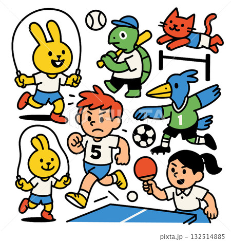 Children rabbit turtle cat bird playing sports cartoon colorful energetic happy fun Children rabbit turtle cat bird playing sports cartoon colorful energetic happy fun 132514885