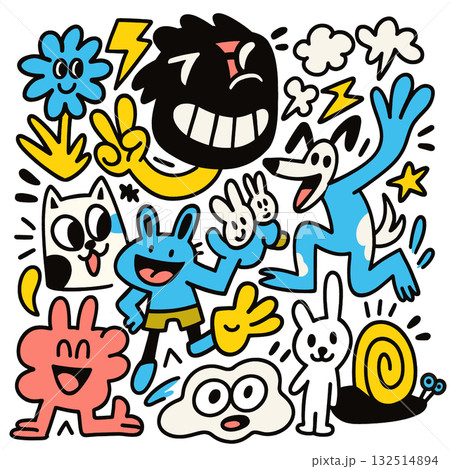 Playful doodle art with smiling cartoon animals, happy faces, peace signs, and energetic Playful doodle art with smiling cartoon animals, happy faces, peace signs, and energetic 132514894
