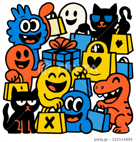 Colorful cartoon characters holding shopping bags, smiling, with gift box in center, joyful mood Colorful cartoon characters holding shopping bags, smiling, with gift box in center, joyful mood 132514895