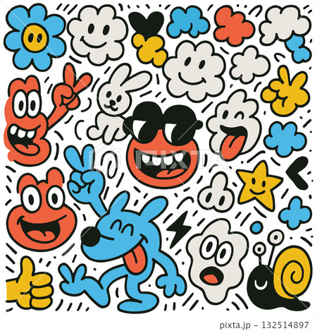 Playful doodle cartoon with smiling faces, peace signs, clouds, stars, and cheerful animals 132514897