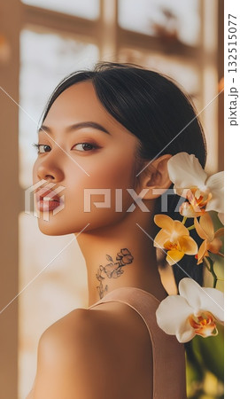 High-end editorial portrait: close-up of a woman with a polished updo, luminous dewy skin and neutral nude lips. White orchids frame the shoulder; refined eyeliner and sculpted brows highlight the gaz High-end editorial portrait: close-up of a woman with a polished updo, luminous dewy skin and neutral nude lips. White orchids frame the shoulder; refined eyeliner and sculpted brows highlight the gaz 132515077
