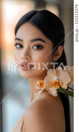 High-end editorial portrait: close-up of a woman with a polished updo, luminous dewy skin and neutral nude lips. White orchids frame the shoulder; refined eyeliner and sculpted brows highlight the gaz High-end editorial portrait: close-up of a woman with a polished updo, luminous dewy skin and neutral nude lips. White orchids frame the shoulder; refined eyeliner and sculpted brows highlight the gaz 132515079