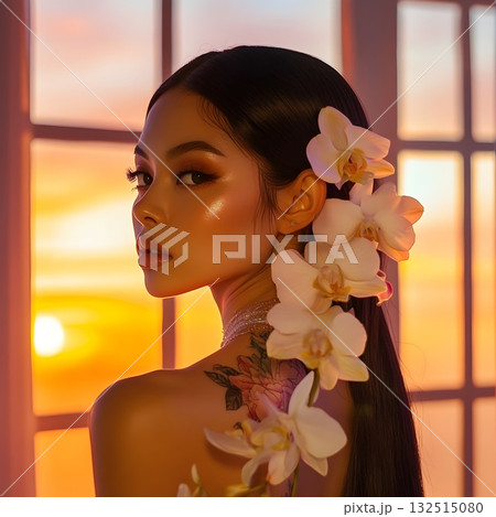 High-end editorial portrait: close-up of a woman with a polished updo, luminous dewy skin and neutral nude lips. White orchids frame the shoulder; refined eyeliner and sculpted brows highlight the gaz High-end editorial portrait: close-up of a woman with a polished updo, luminous dewy skin and neutral nude lips. White orchids frame the shoulder; refined eyeliner and sculpted brows highlight the gaz 132515080