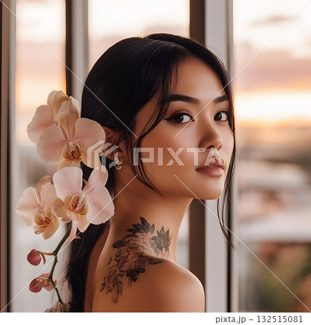 High-end editorial portrait: close-up of a woman with a polished updo, luminous dewy skin and neutral nude lips. White orchids frame the shoulder; refined eyeliner and sculpted brows highlight the gaz High-end editorial portrait: close-up of a woman with a polished updo, luminous dewy skin and neutral nude lips. White orchids frame the shoulder; refined eyeliner and sculpted brows highlight the gaz 132515081