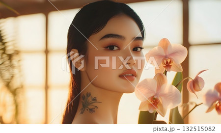 High-end editorial portrait: close-up of a woman with a polished updo, luminous dewy skin and neutral nude lips. White orchids frame the shoulder; refined eyeliner and sculpted brows highlight the gaz High-end editorial portrait: close-up of a woman with a polished updo, luminous dewy skin and neutral nude lips. White orchids frame the shoulder; refined eyeliner and sculpted brows highlight the gaz 132515082