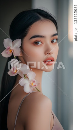 High-end editorial portrait: close-up of a woman with a polished updo, luminous dewy skin and neutral nude lips. White orchids frame the shoulder; refined eyeliner and sculpted brows highlight the gaz High-end editorial portrait: close-up of a woman with a polished updo, luminous dewy skin and neutral nude lips. White orchids frame the shoulder; refined eyeliner and sculpted brows highlight the gaz 132515083
