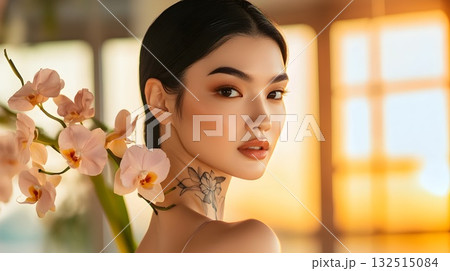 High-end editorial portrait: close-up of a woman with a polished updo, luminous dewy skin and neutral nude lips. White orchids frame the shoulder; refined eyeliner and sculpted brows highlight the gaz High-end editorial portrait: close-up of a woman with a polished updo, luminous dewy skin and neutral nude lips. White orchids frame the shoulder; refined eyeliner and sculpted brows highlight the gaz 132515084
