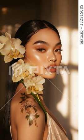 High-end editorial portrait: close-up of a woman with a polished updo, luminous dewy skin and neutral nude lips. White orchids frame the shoulder; refined eyeliner and sculpted brows highlight the gaz High-end editorial portrait: close-up of a woman with a polished updo, luminous dewy skin and neutral nude lips. White orchids frame the shoulder; refined eyeliner and sculpted brows highlight the gaz 132515085