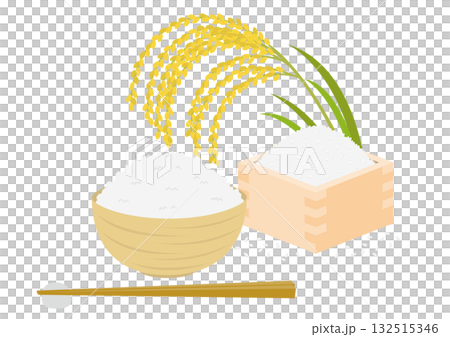 Illustration of drooping rice ears, rice in a masu box, and white rice in a rice bowl Illustration of drooping rice ears, rice in a masu box, and white rice in a rice bowl 132515346
