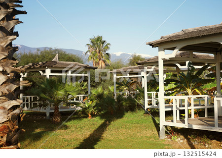 Multiple white gazebos in sunny garden Multiple white gazebos in sunny garden 132515424