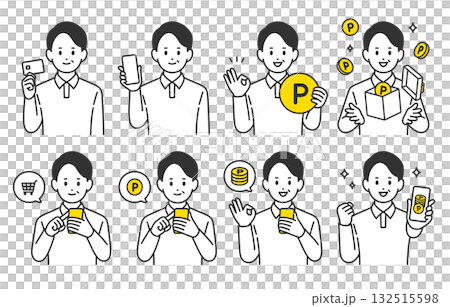 一群中年男子用信用卡和智慧型手機購物並賺取積分[人物向量插圖素材] 132515598