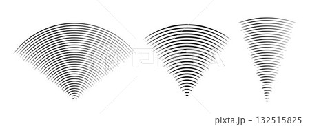 Line sound wave signal set. Radial radio and music audio icon collection. Rippled radar vibration element sign bundle. Black curved impulse linear pack. Echo soundwave symbols. Vector 132515825