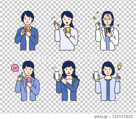 一張簡單的圖片，一位面帶微笑的女商務人士手持並操作智慧型手機。 132515828