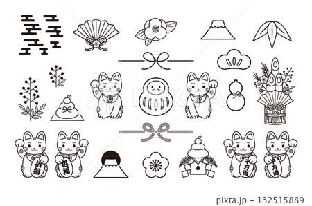 お正月のイラストセット（線） 132515889
