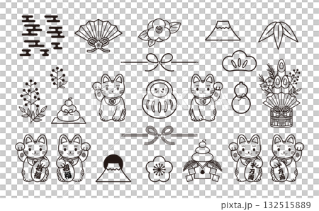 お正月のイラストセット（線） 132515889