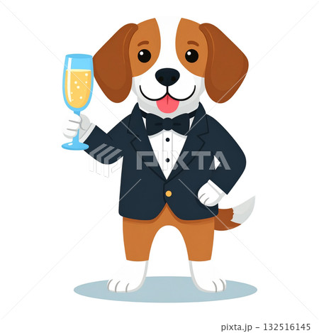 シャンパングラスで乾杯するタキシード姿のビーグル犬キャラクター1/チラシやポスタ シャンパングラスで乾杯するタキシード姿のビーグル犬キャラクター1/チラシやポスタ 132516145