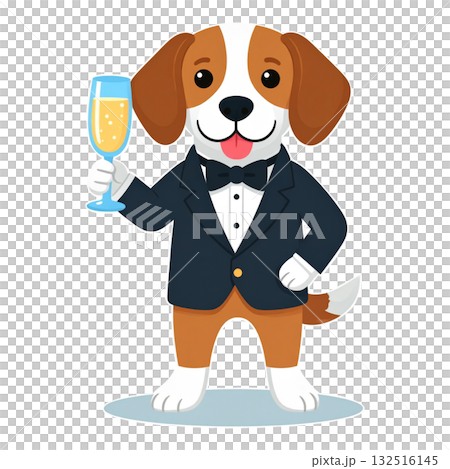 シャンパングラスで乾杯するタキシード姿のビーグル犬キャラクター1/チラシやポスタ シャンパングラスで乾杯するタキシード姿のビーグル犬キャラクター1/チラシやポスタ 132516145