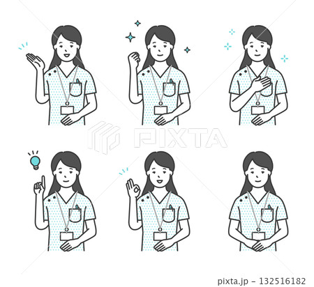 笑顔でポーズをとる看護師のアイコンセット イラスト素材 132516182