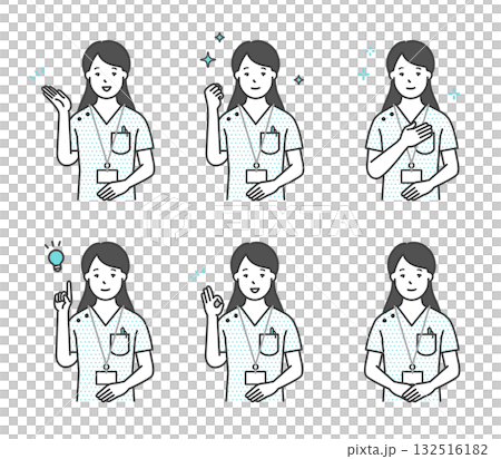 笑顔でポーズをとる看護師のアイコンセット イラスト素材 132516182
