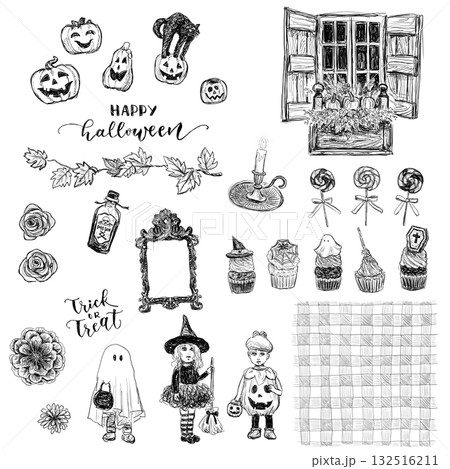 おばけとカボチャのハロウィン線画イラストセット（透過PNG） 132516211