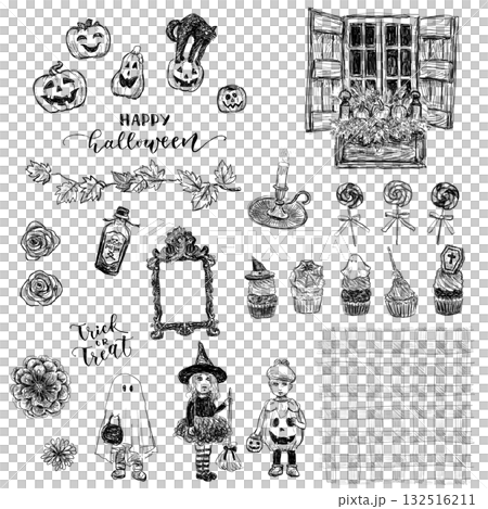 おばけとカボチャのハロウィン線画イラストセット（透過PNG） 132516211