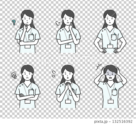 不安・困り顔の看護師のアイコンセット イラスト素材 不安・困り顔の看護師のアイコンセット イラスト素材 132516392
