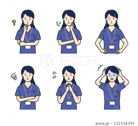 不安・困り顔の看護師のアイコンセット イラスト素材 132516393