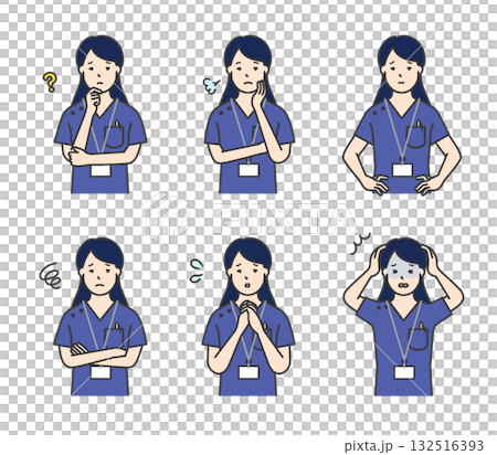 不安・困り顔の看護師のアイコンセット イラスト素材 132516393