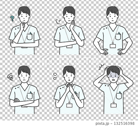 不安・困り顔の看護師のアイコンセット イラスト素材 132516398