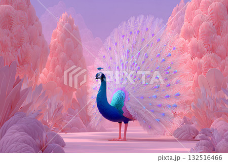 優雅な孔雀と神秘的な風景/Elegant Peacock 132516466