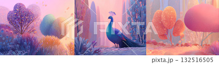 優雅な孔雀と神秘的な風景（横長）Elegant Peacock 132516505