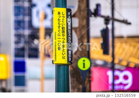 日本の東京都市景観「ダメ！悪質なスカウトや客引き」「しつこい勧誘やつきまといにあったらすぐに110」 132516559