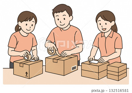 就労支援 職業訓練 軽作業(清掃・シール貼り・箱詰め)のイラスト 就労支援 職業訓練 軽作業(清掃・シール貼り・箱詰め)のイラスト 132516581