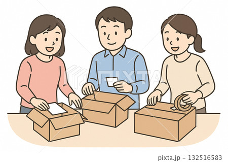 就労支援　職業訓練　軽作業（清掃・シール貼り・箱詰め）のイラスト 132516583