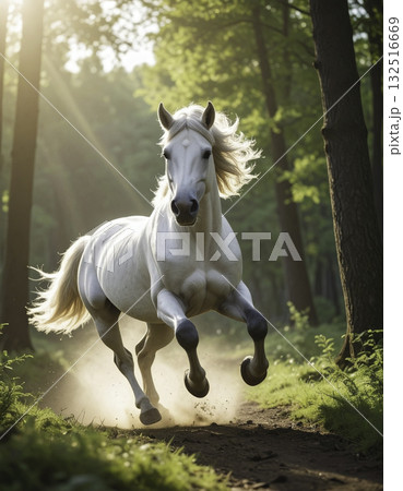 朝の森を駆ける白馬|光と風の中の自由 朝の森を駆ける白馬|光と風の中の自由 132516669