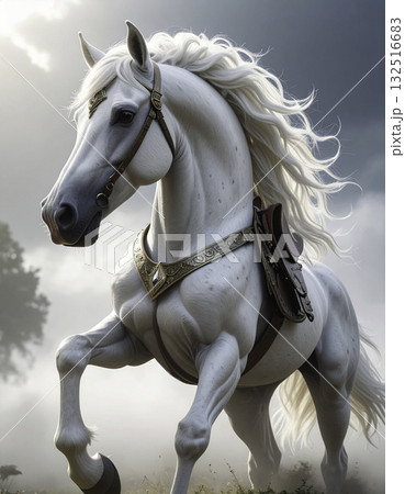 朝霧に立つ白馬｜光に包まれた神聖な姿 132516683