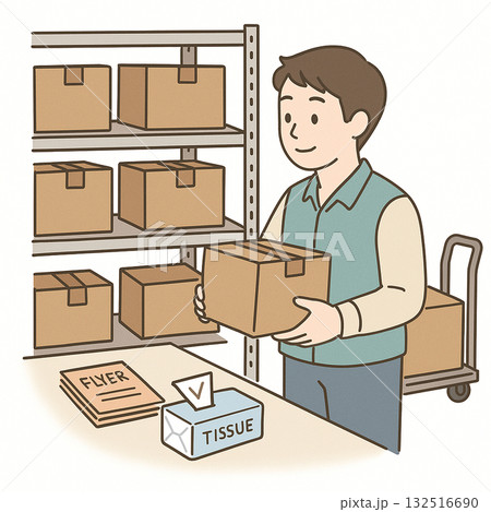 就労支援　職業訓練　軽作業（清掃・シール貼り・箱詰め）のイラスト 132516690