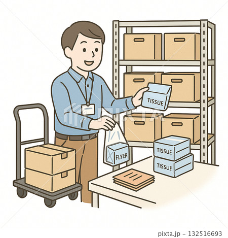 就労支援　職業訓練　軽作業（清掃・シール貼り・箱詰め）のイラスト 132516693