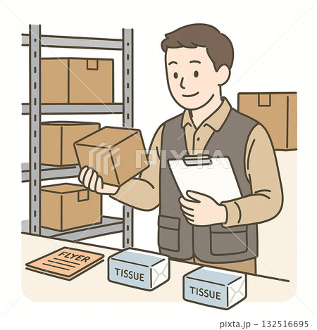 就労支援　職業訓練　軽作業（清掃・シール貼り・箱詰め）のイラスト 132516695