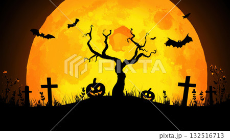 Pumpkins and bats beneath the moon, created with AI Pumpkins and bats beneath the moon, created with AI 132516713