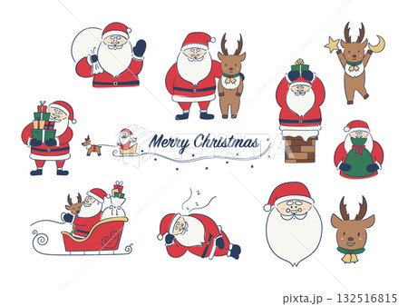 手描き風かわいいサンタとトナカイのクリスマスイラストセット（線画＋カラー） 132516815