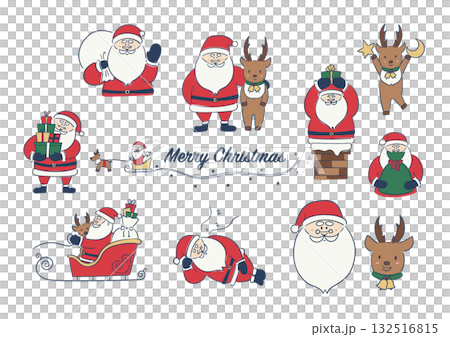 手描き風かわいいサンタとトナカイのクリスマスイラストセット（線画＋カラー） 132516815